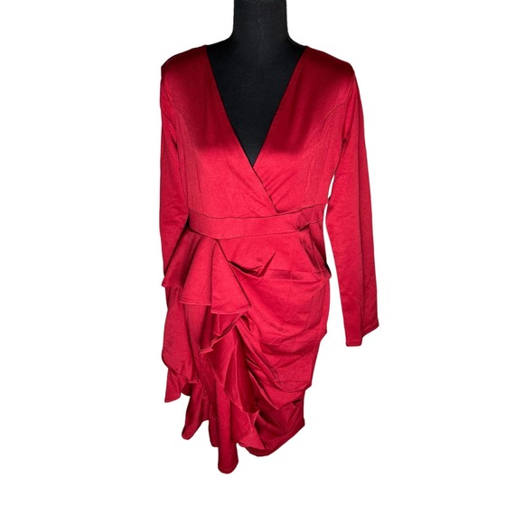 Plus Size Women’s  Deep V Neck Ruffle Long Sleeve Banquet Dress - Picture 3 of 4